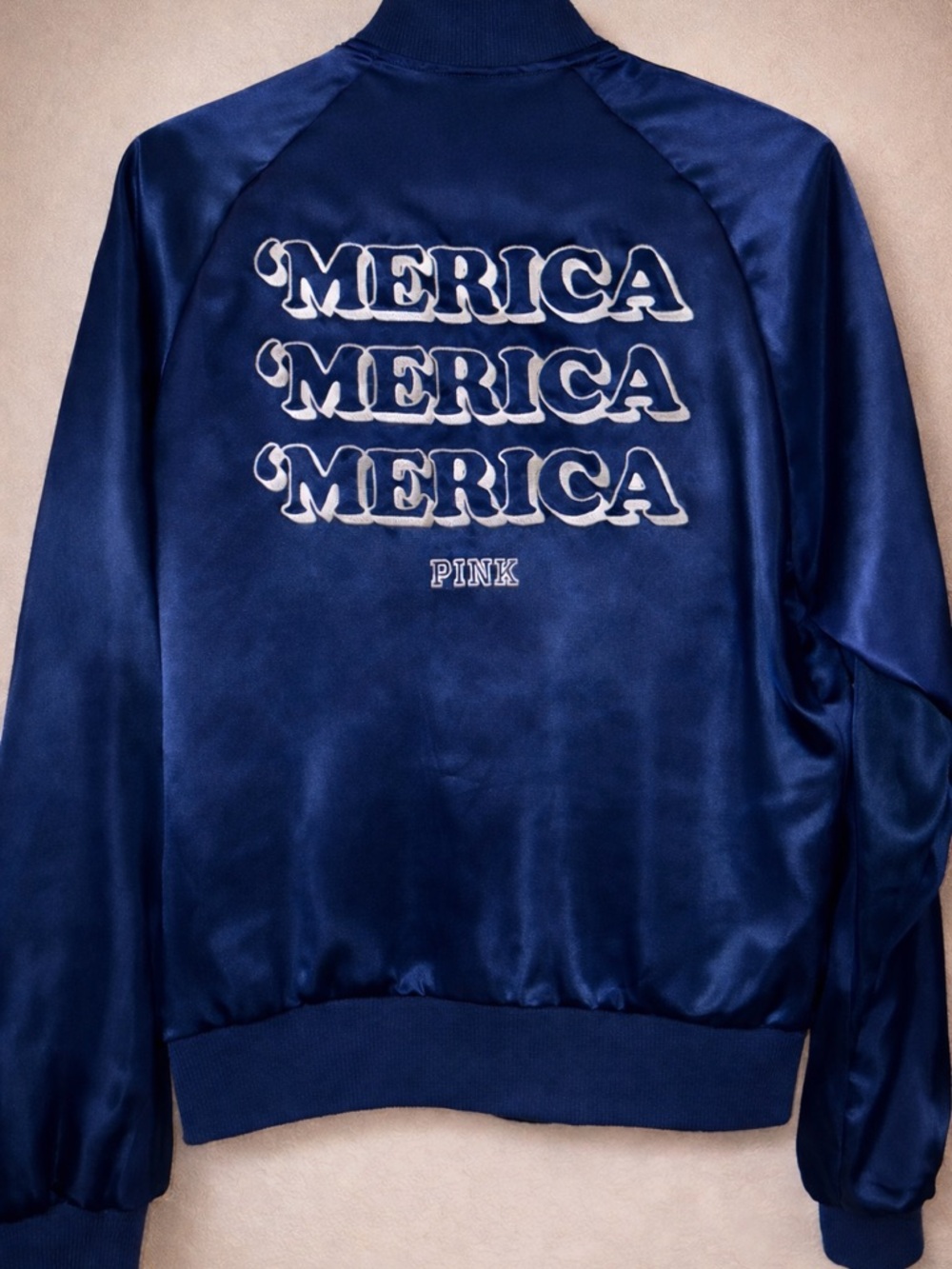 PINK Victoria’s Secret Satin Bomber Jacket Navy ‘MERICA’ Graphic Small